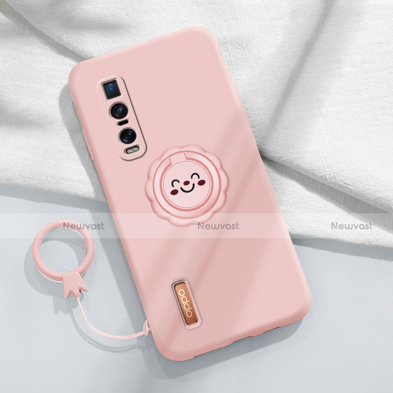 Ultra-thin Silicone Gel Soft Case Cover with Magnetic Finger Ring Stand T03 for Oppo Find X2 Pro Pink