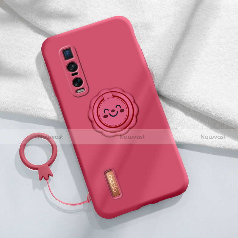 Ultra-thin Silicone Gel Soft Case Cover with Magnetic Finger Ring Stand T03 for Oppo Find X2 Pro Red Wine