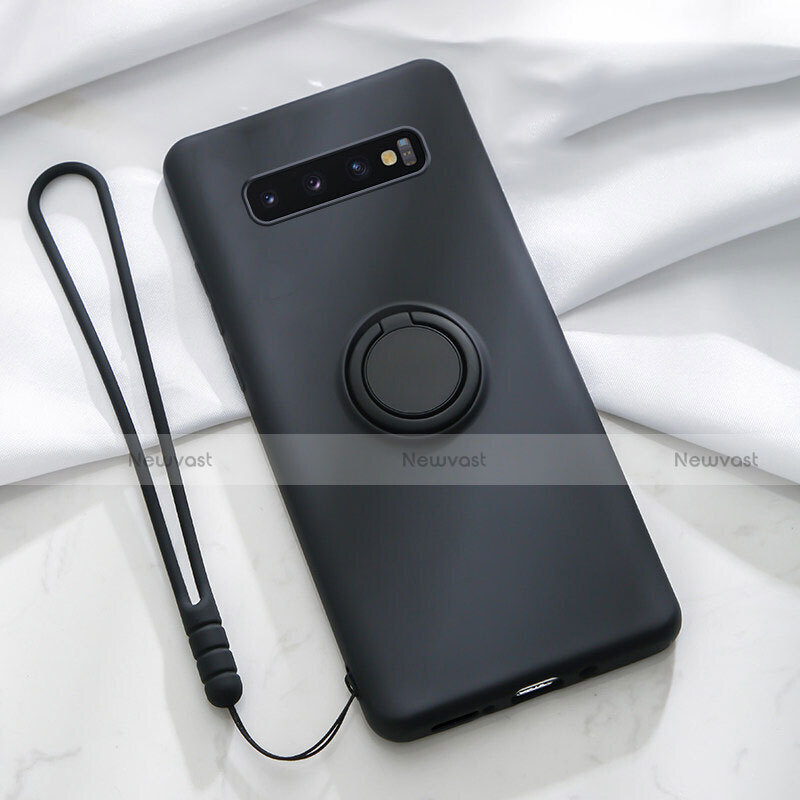 Ultra-thin Silicone Gel Soft Case Cover with Magnetic Finger Ring Stand T03 for Samsung Galaxy S10 Plus Black