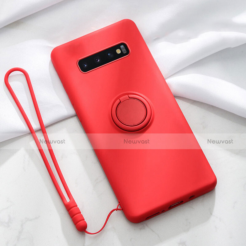 Ultra-thin Silicone Gel Soft Case Cover with Magnetic Finger Ring Stand T03 for Samsung Galaxy S10 Plus Red