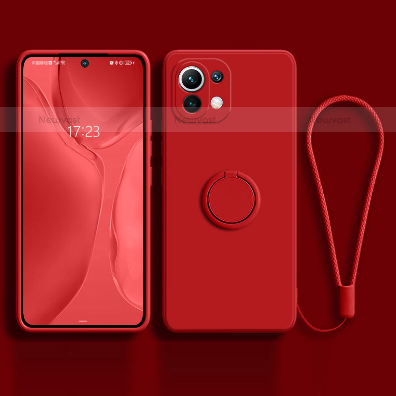 Ultra-thin Silicone Gel Soft Case Cover with Magnetic Finger Ring Stand T03 for Xiaomi Mi 11 Lite 4G Red