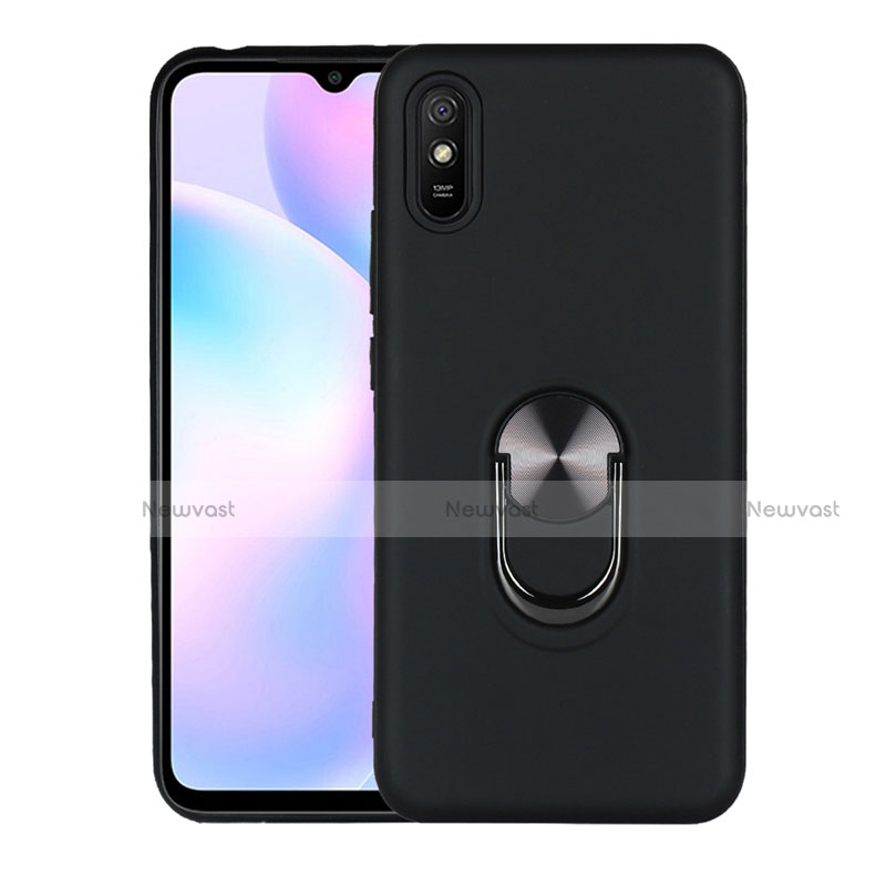 Ultra-thin Silicone Gel Soft Case Cover with Magnetic Finger Ring Stand T03 for Xiaomi Redmi 9A Black