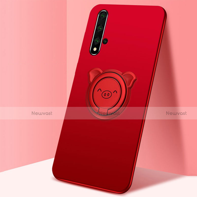 Ultra-thin Silicone Gel Soft Case Cover with Magnetic Finger Ring Stand T04 for Huawei Honor 20S Red