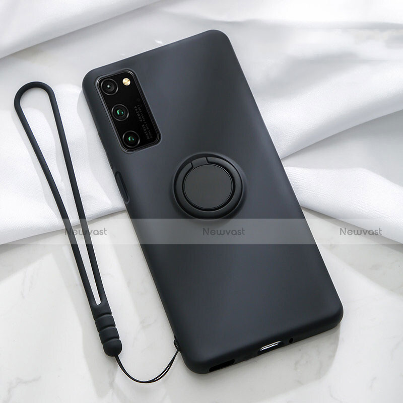 Ultra-thin Silicone Gel Soft Case Cover with Magnetic Finger Ring Stand T04 for Huawei Honor V30 5G Black