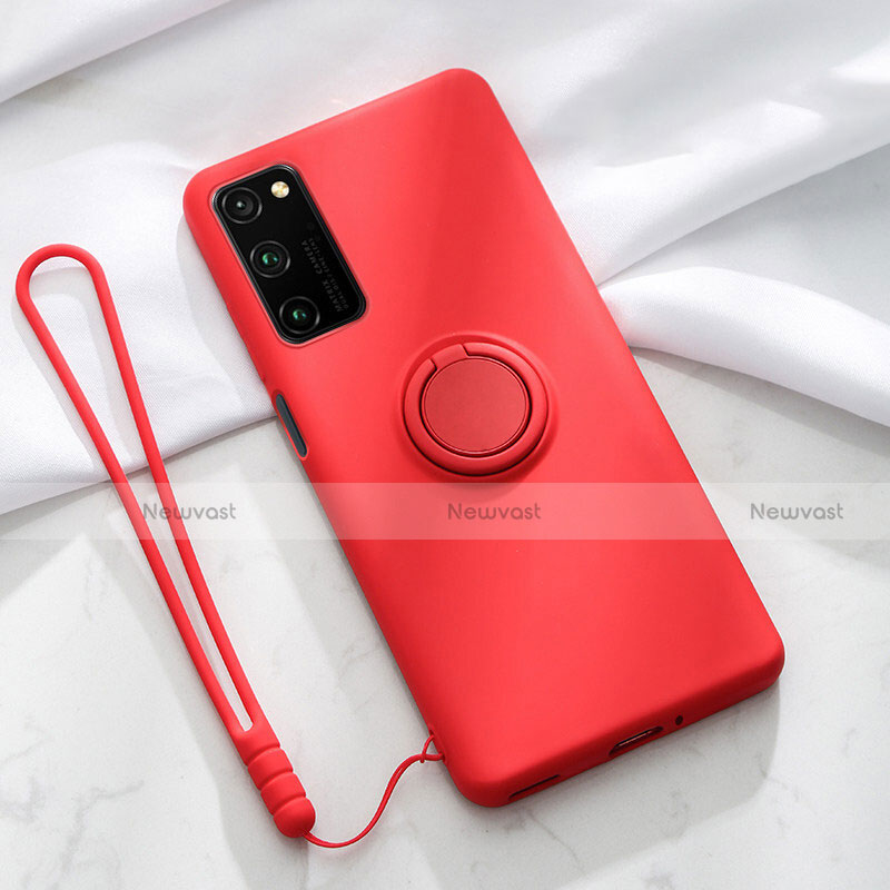 Ultra-thin Silicone Gel Soft Case Cover with Magnetic Finger Ring Stand T04 for Huawei Honor V30 Pro 5G Red