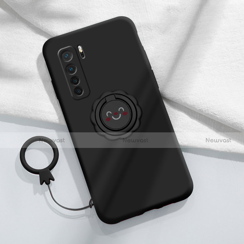 Ultra-thin Silicone Gel Soft Case Cover with Magnetic Finger Ring Stand T04 for Huawei Nova 7 SE 5G