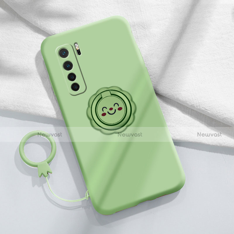 Ultra-thin Silicone Gel Soft Case Cover with Magnetic Finger Ring Stand T04 for Huawei Nova 7 SE 5G Cyan