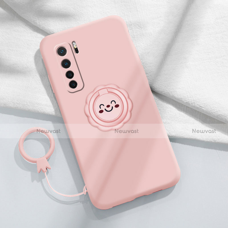 Ultra-thin Silicone Gel Soft Case Cover with Magnetic Finger Ring Stand T04 for Huawei Nova 7 SE 5G Pink