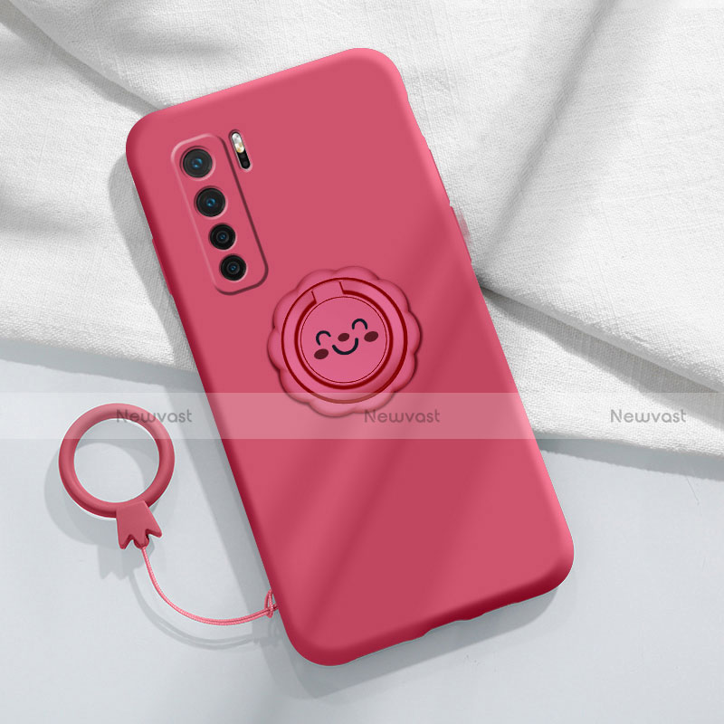 Ultra-thin Silicone Gel Soft Case Cover with Magnetic Finger Ring Stand T04 for Huawei Nova 7 SE 5G Red Wine