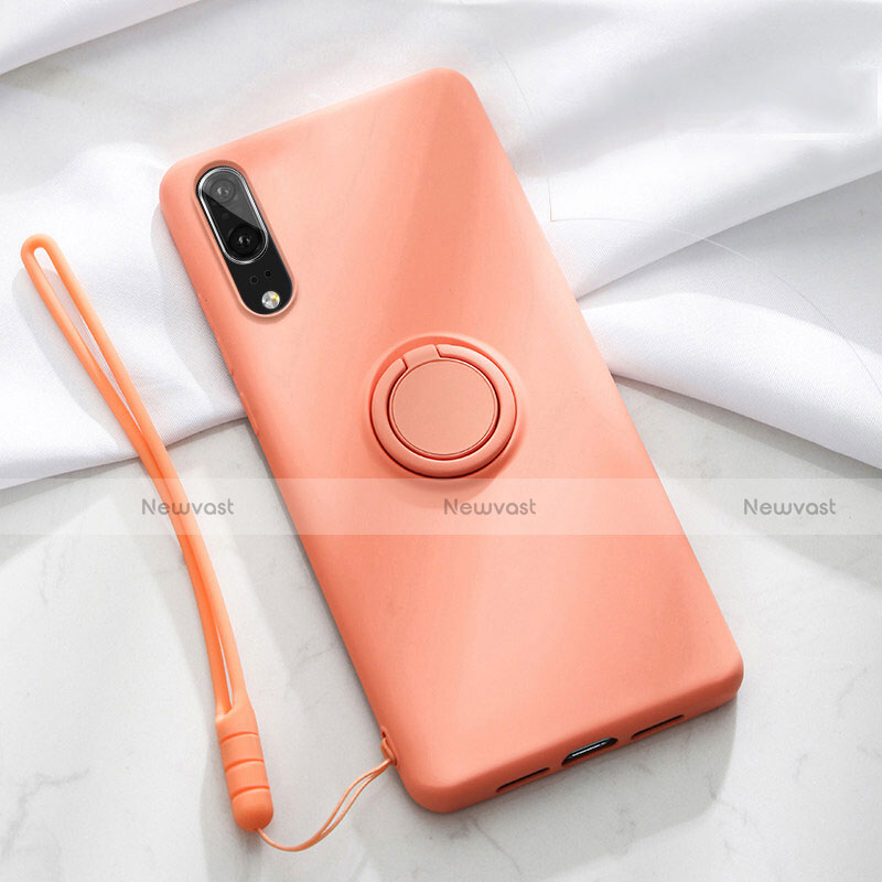 Ultra-thin Silicone Gel Soft Case Cover with Magnetic Finger Ring Stand T04 for Huawei P20 Orange