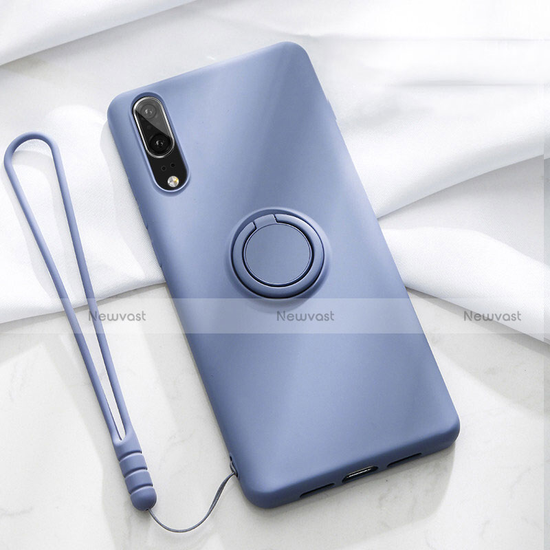 Ultra-thin Silicone Gel Soft Case Cover with Magnetic Finger Ring Stand T04 for Huawei P20 Purple