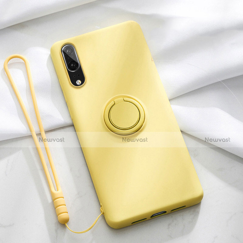 Ultra-thin Silicone Gel Soft Case Cover with Magnetic Finger Ring Stand T04 for Huawei P20 Yellow