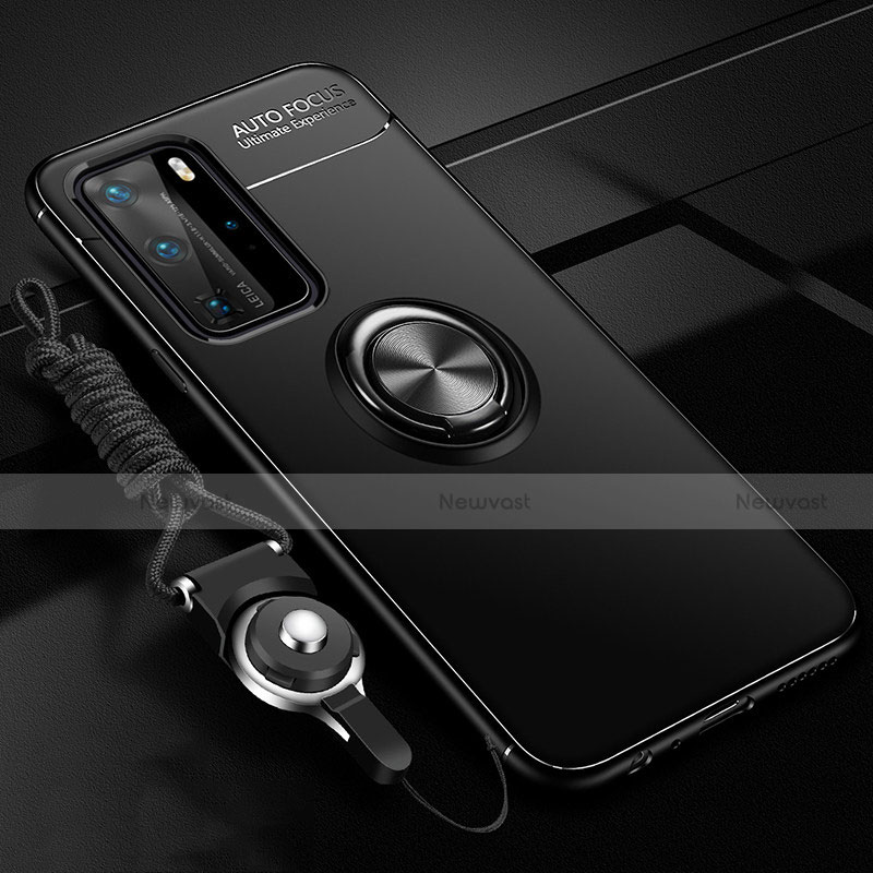 Ultra-thin Silicone Gel Soft Case Cover with Magnetic Finger Ring Stand T04 for Huawei P40 Pro Black