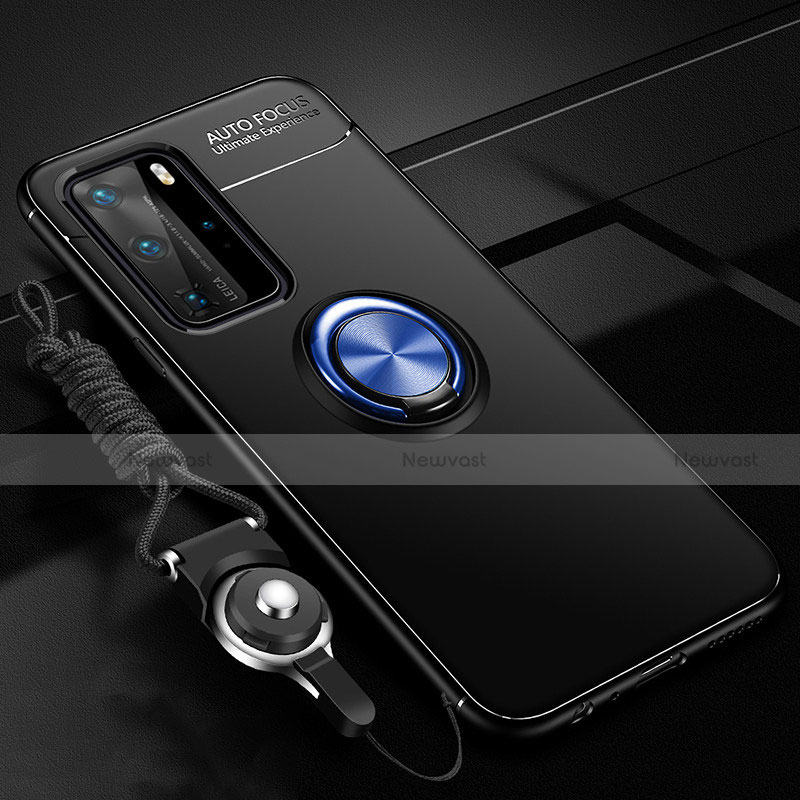 Ultra-thin Silicone Gel Soft Case Cover with Magnetic Finger Ring Stand T04 for Huawei P40 Pro Blue and Black