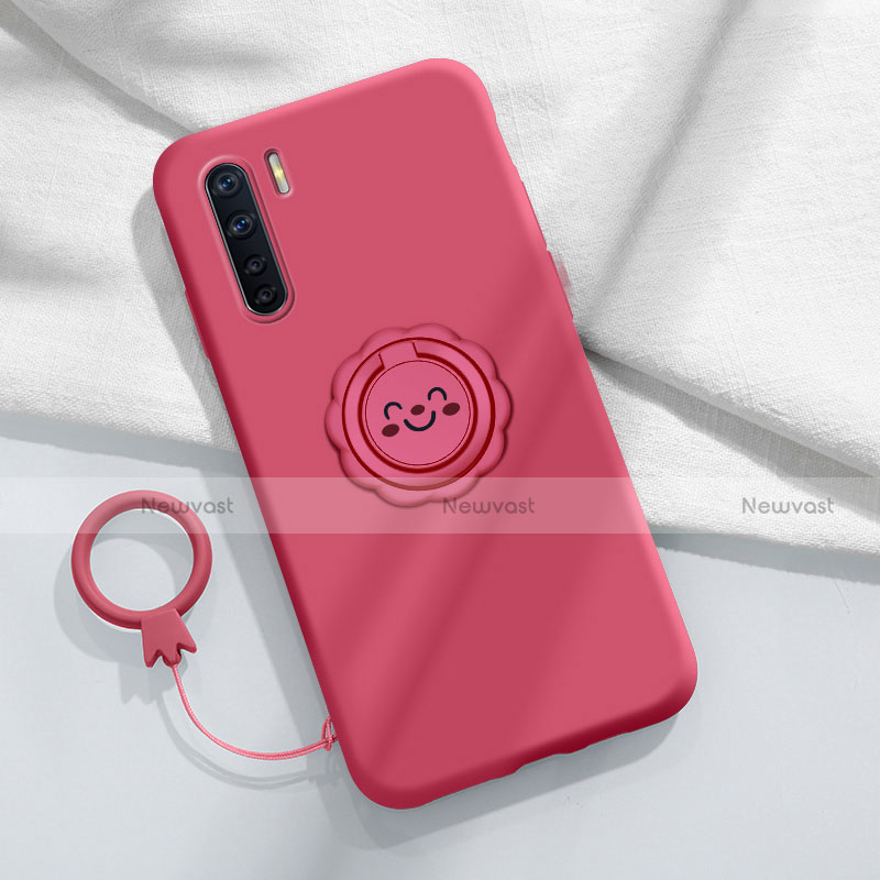 Ultra-thin Silicone Gel Soft Case Cover with Magnetic Finger Ring Stand T04 for Oppo F15 Red Wine