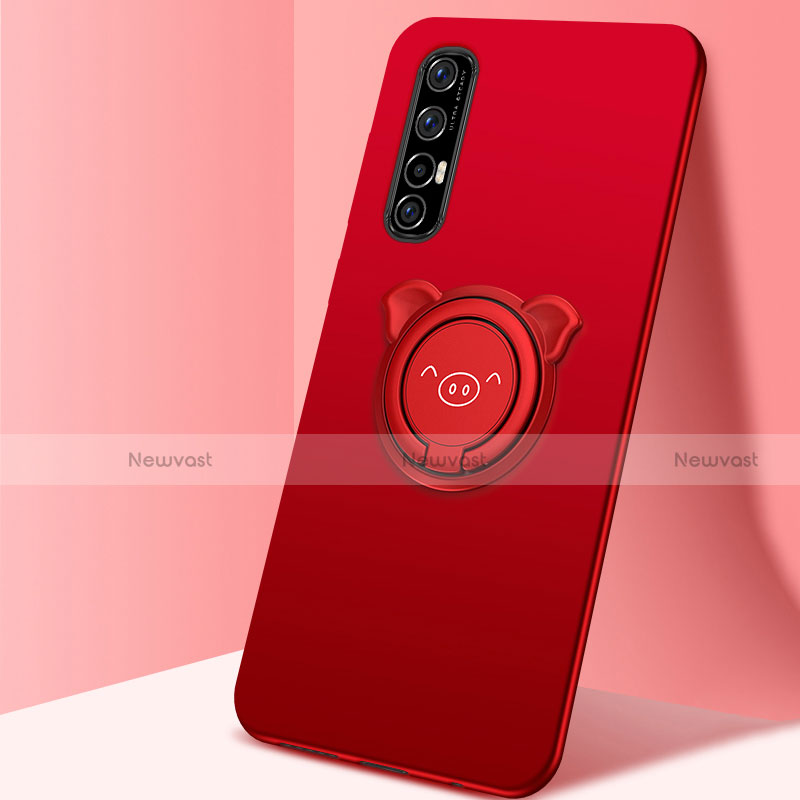 Ultra-thin Silicone Gel Soft Case Cover with Magnetic Finger Ring Stand T04 for Oppo Reno3 Pro Red