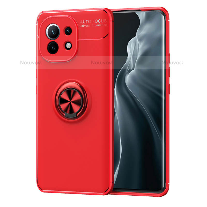 Ultra-thin Silicone Gel Soft Case Cover with Magnetic Finger Ring Stand T04 for Xiaomi Mi 11 5G Red