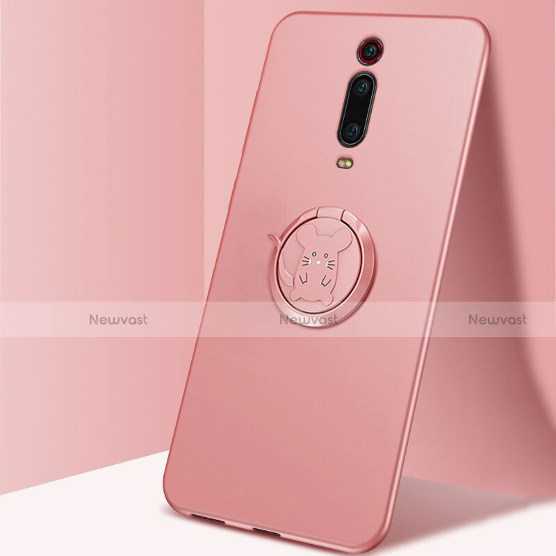 Ultra-thin Silicone Gel Soft Case Cover with Magnetic Finger Ring Stand T04 for Xiaomi Mi 9T Pink