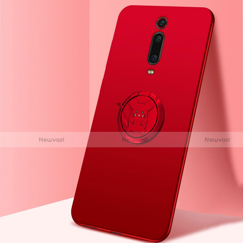 Ultra-thin Silicone Gel Soft Case Cover with Magnetic Finger Ring Stand T04 for Xiaomi Mi 9T Red