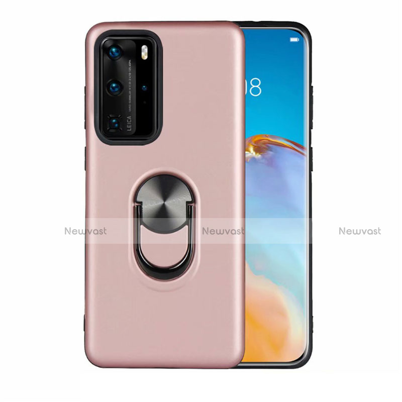 Ultra-thin Silicone Gel Soft Case Cover with Magnetic Finger Ring Stand T05 for Huawei P40 Pro Rose Gold