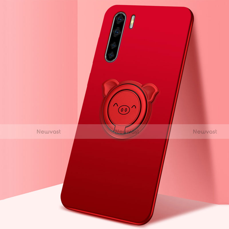 Ultra-thin Silicone Gel Soft Case Cover with Magnetic Finger Ring Stand T05 for Oppo F15 Red