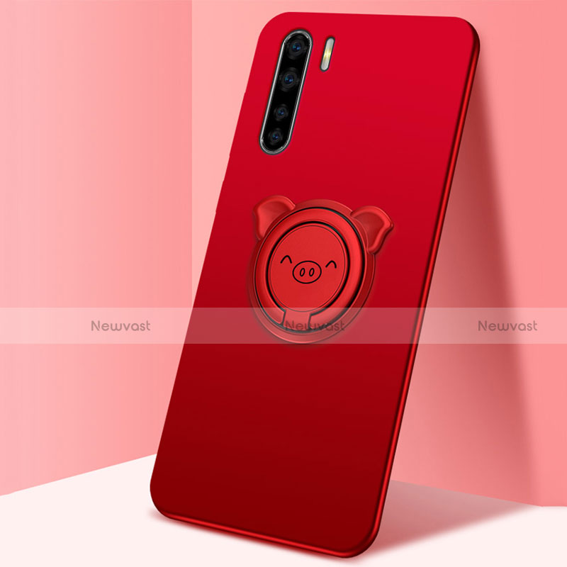 Ultra-thin Silicone Gel Soft Case Cover with Magnetic Finger Ring Stand T05 for Oppo Reno3 Red