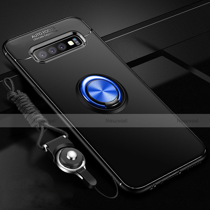 Ultra-thin Silicone Gel Soft Case Cover with Magnetic Finger Ring Stand T05 for Samsung Galaxy S10 Plus Blue and Black