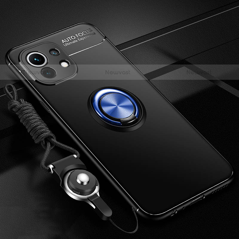 Ultra-thin Silicone Gel Soft Case Cover with Magnetic Finger Ring Stand T05 for Xiaomi Mi 11 Lite 4G Blue and Black