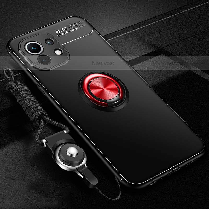 Ultra-thin Silicone Gel Soft Case Cover with Magnetic Finger Ring Stand T05 for Xiaomi Mi 11 Lite 4G Red and Black