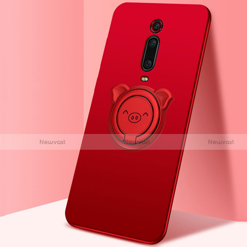 Ultra-thin Silicone Gel Soft Case Cover with Magnetic Finger Ring Stand T05 for Xiaomi Mi 9T Red
