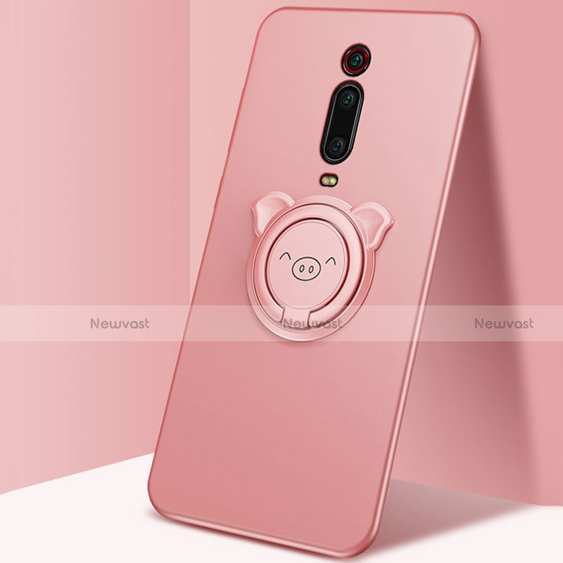 Ultra-thin Silicone Gel Soft Case Cover with Magnetic Finger Ring Stand T05 for Xiaomi Redmi K20 Pro Pink