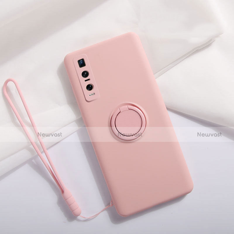 Ultra-thin Silicone Gel Soft Case Cover with Magnetic Finger Ring Stand T06 for Oppo Find X2 Pro Pink