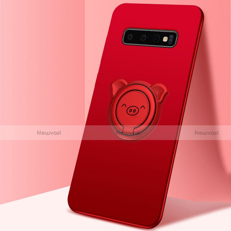 Ultra-thin Silicone Gel Soft Case Cover with Magnetic Finger Ring Stand T06 for Samsung Galaxy S10 5G Red