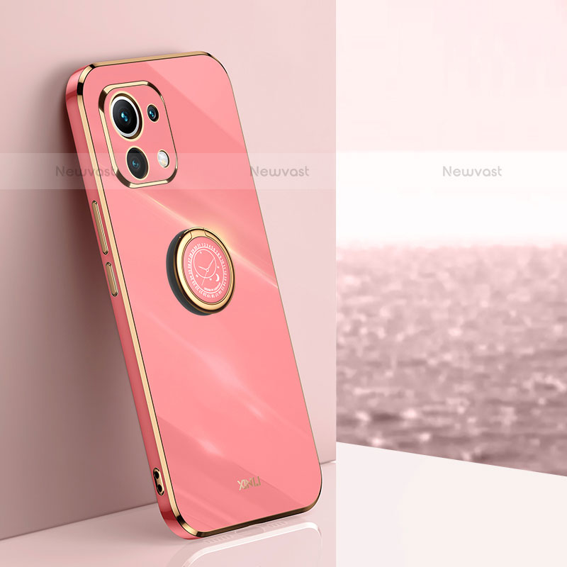 Ultra-thin Silicone Gel Soft Case Cover with Magnetic Finger Ring Stand T07 for Xiaomi Mi 11 Lite 5G NE Hot Pink