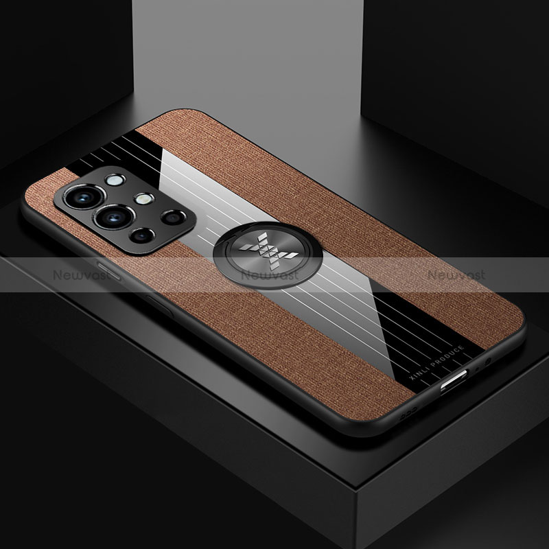 Ultra-thin Silicone Gel Soft Case Cover with Magnetic Finger Ring Stand X01L for OnePlus 9R 5G Brown