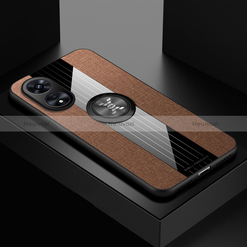 Ultra-thin Silicone Gel Soft Case Cover with Magnetic Finger Ring Stand X01L for Oppo A97 5G Brown