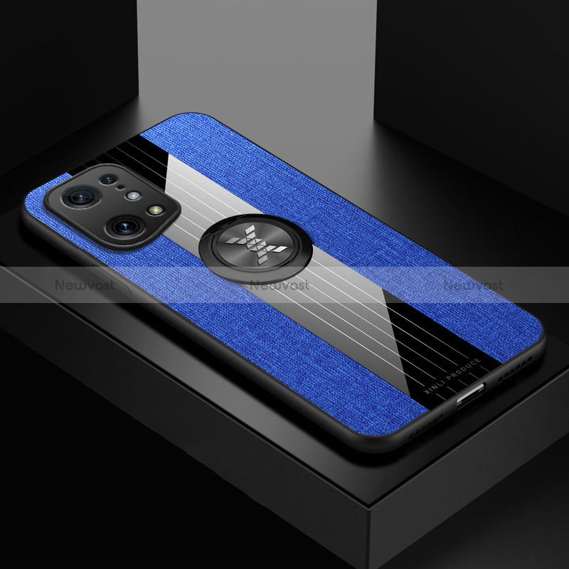 Ultra-thin Silicone Gel Soft Case Cover with Magnetic Finger Ring Stand X01L for Oppo Find X5 5G Blue