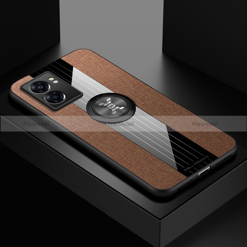 Ultra-thin Silicone Gel Soft Case Cover with Magnetic Finger Ring Stand X01L for Realme Q5i 5G Brown