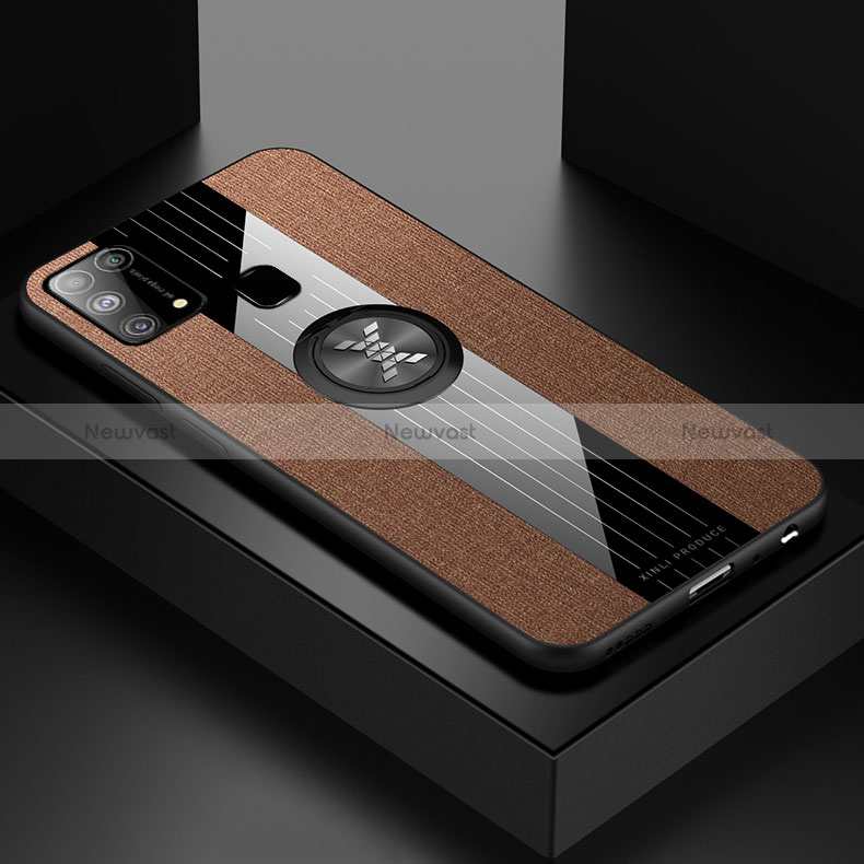 Ultra-thin Silicone Gel Soft Case Cover with Magnetic Finger Ring Stand X01L for Samsung Galaxy M31 Prime Edition Brown