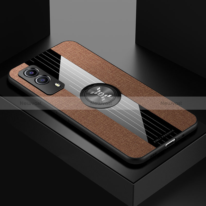 Ultra-thin Silicone Gel Soft Case Cover with Magnetic Finger Ring Stand X01L for Vivo T1x 5G Brown