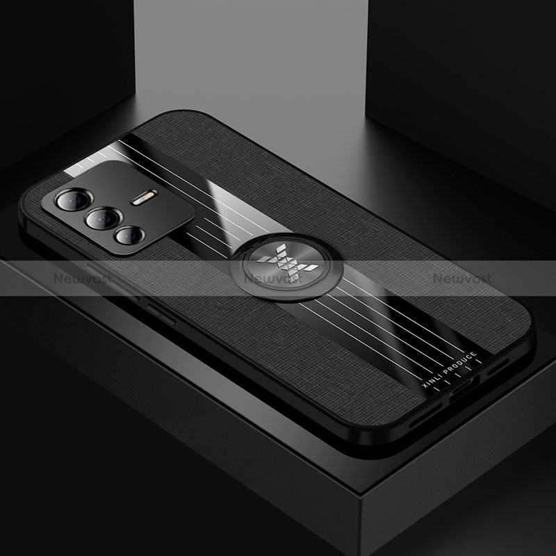 Ultra-thin Silicone Gel Soft Case Cover with Magnetic Finger Ring Stand X01L for Vivo V23 5G Black