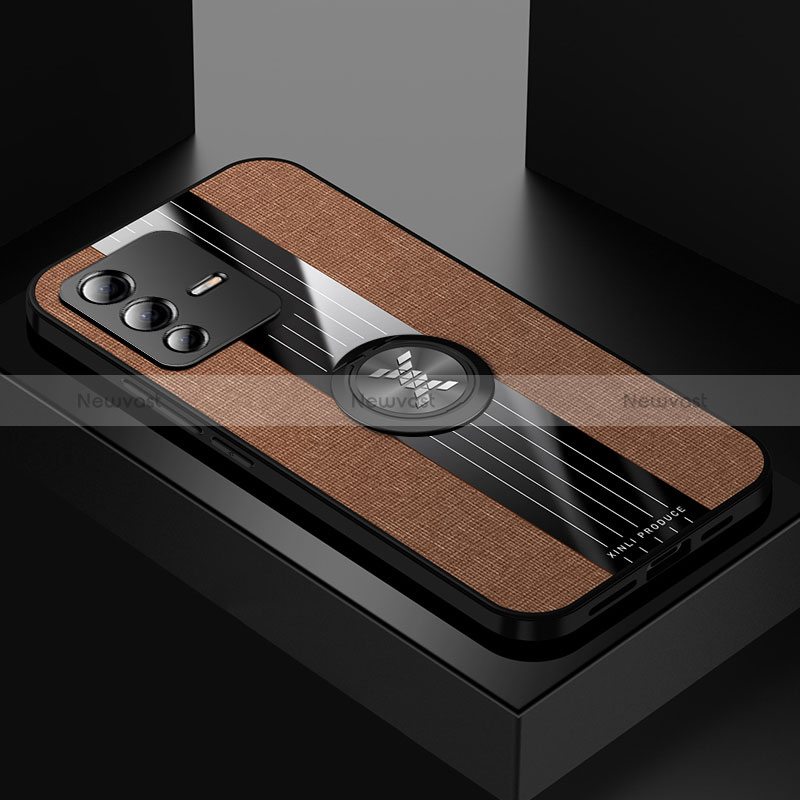 Ultra-thin Silicone Gel Soft Case Cover with Magnetic Finger Ring Stand X01L for Vivo V23 5G Brown