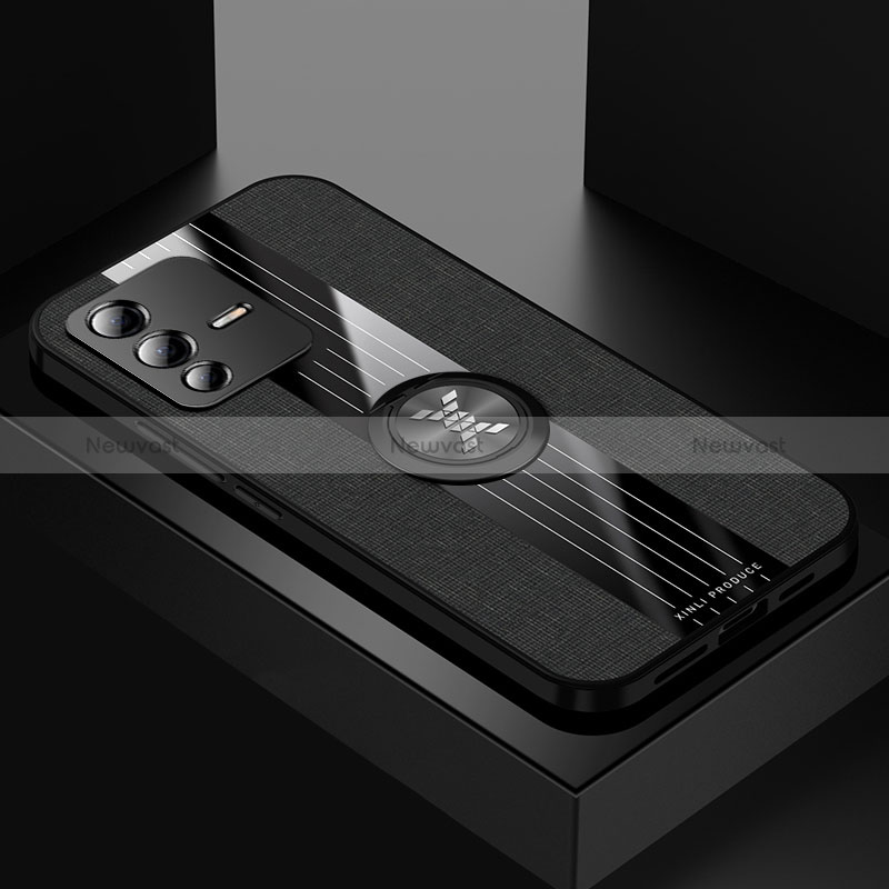 Ultra-thin Silicone Gel Soft Case Cover with Magnetic Finger Ring Stand X01L for Vivo V23 Pro 5G Black