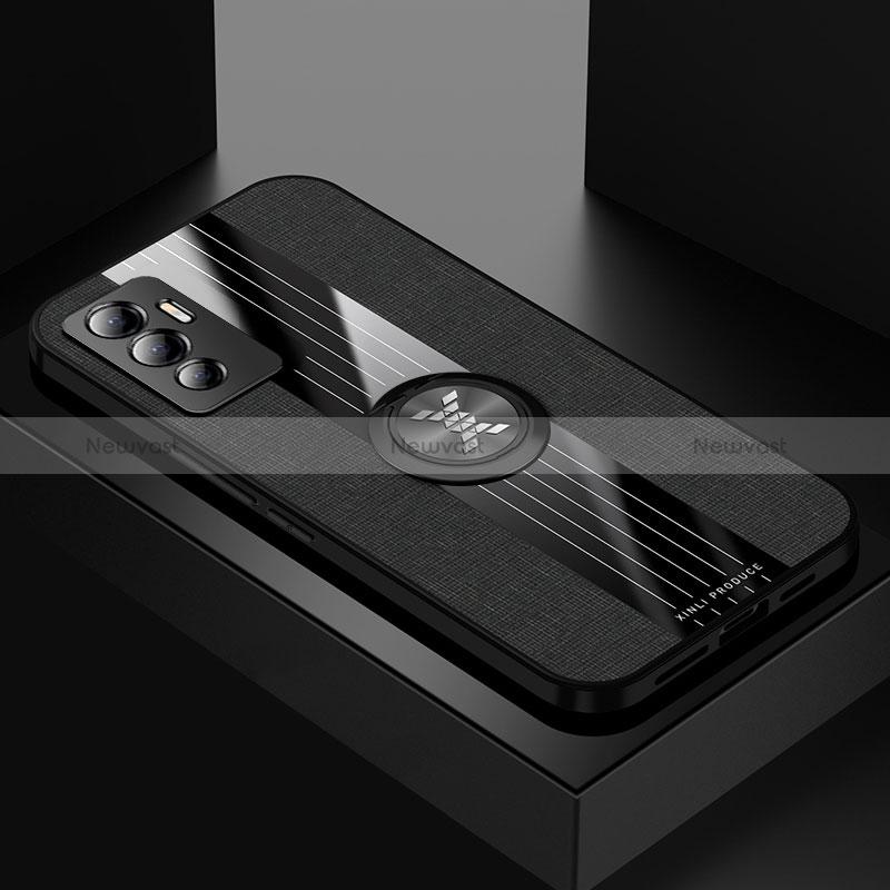 Ultra-thin Silicone Gel Soft Case Cover with Magnetic Finger Ring Stand X01L for Vivo V23e 5G Black