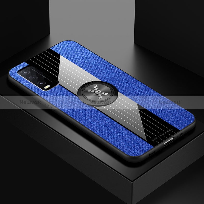 Ultra-thin Silicone Gel Soft Case Cover with Magnetic Finger Ring Stand X01L for Vivo Y12G Blue