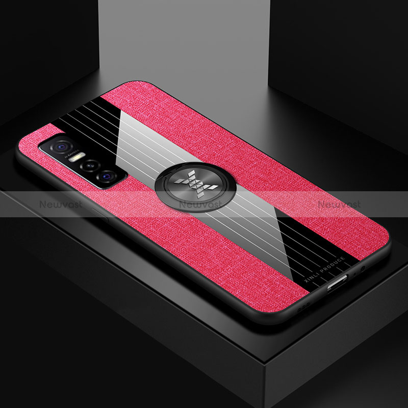 Ultra-thin Silicone Gel Soft Case Cover with Magnetic Finger Ring Stand X01L for Vivo Y73s 5G Red