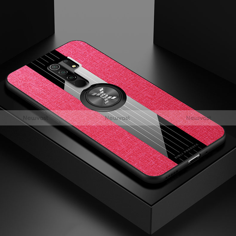 Ultra-thin Silicone Gel Soft Case Cover with Magnetic Finger Ring Stand X01L for Xiaomi Redmi 9 Prime India Red