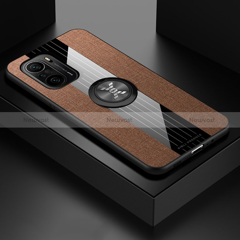 Ultra-thin Silicone Gel Soft Case Cover with Magnetic Finger Ring Stand X01L for Xiaomi Redmi K40 5G Brown