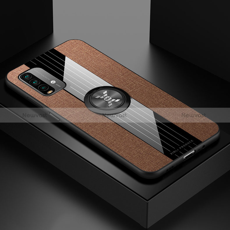 Ultra-thin Silicone Gel Soft Case Cover with Magnetic Finger Ring Stand X01L for Xiaomi Redmi Note 9 4G Brown