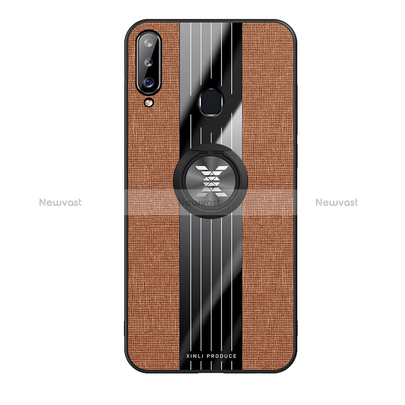 Ultra-thin Silicone Gel Soft Case Cover with Magnetic Finger Ring Stand X02L for Samsung Galaxy A20s Brown